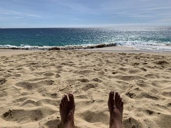 Low section of person on beach against sky