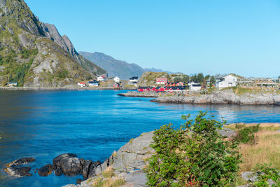 Colorful fisherman's wooden houses in village of reine in lofoten, norway