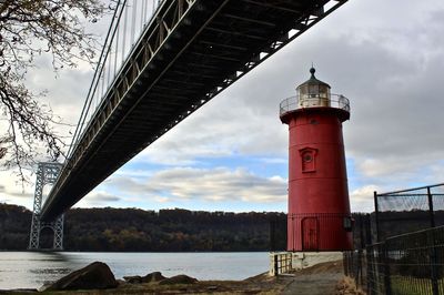 Lighthouse by trees against sky