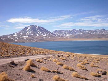 Scenic view of lake and mountains against sky