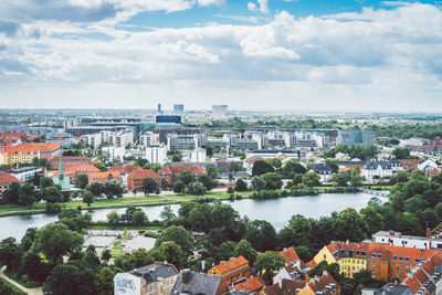 High angle view of buildings in city