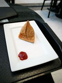 High angle view of dessert in plate on table