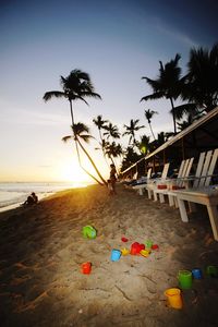 Palm trees on beach against sky during sunset