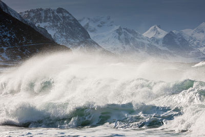 Waves crashing in sea, lofoten, norway, europe