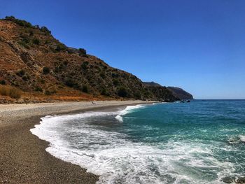 Scenic view of sea against clear blue sky