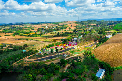 High angle view of agricultural field against sky