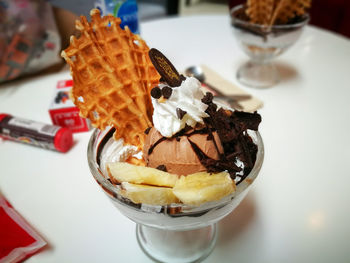 Close-up of ice cream on table