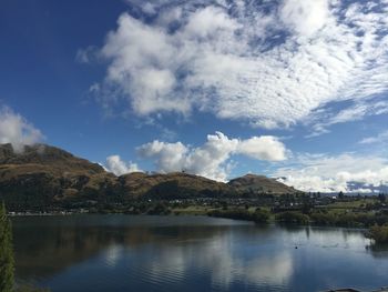 Scenic view of lake and mountains against sky