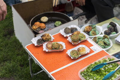 High angle view of food for sale at market stall