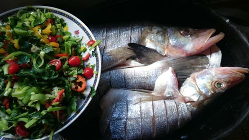 High angle view of vegetables in container