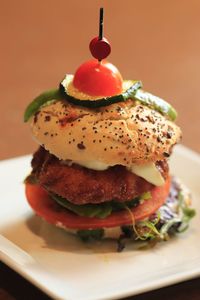 Close-up of burger in plate on table