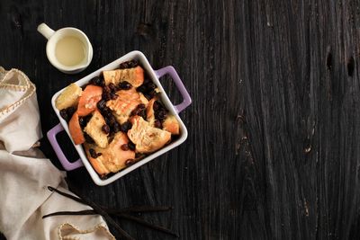 Top view vanilla cinnamon raisin bread and butter pudding 