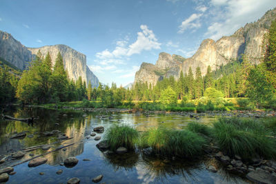 Scenic view of lake and mountains against sky