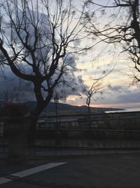 Silhouette bare tree by road against sky at sunset