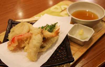 High angle view of meal served on table