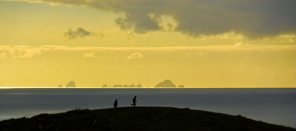 Silhouette people at beach against sky during sunset