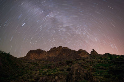 Scenic view of mountains against sky at night