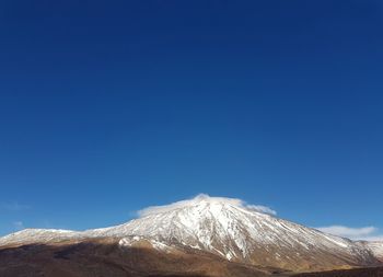 Scenic view of snowcapped mountains against clear blue sky