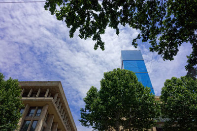 Low angle view of trees and buildings against sky