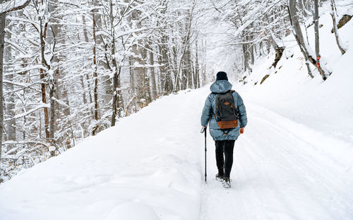 Rear view of man walking on road in winter forest