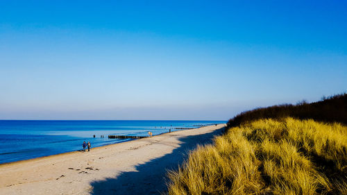 Scenic view of beach against clear blue sky