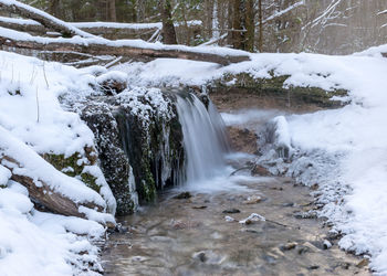 Winter landscape with a small rapid river flowing over frozen rocks through a wild ravine