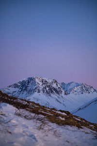 Scenic view of snowcapped mountains against clear blue sky