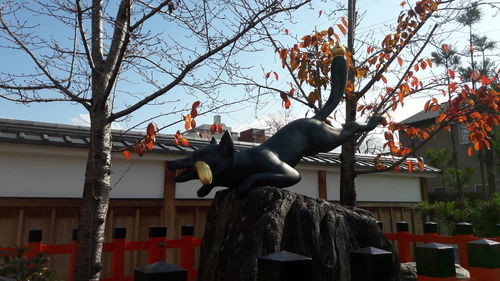 Low angle view of statue against building