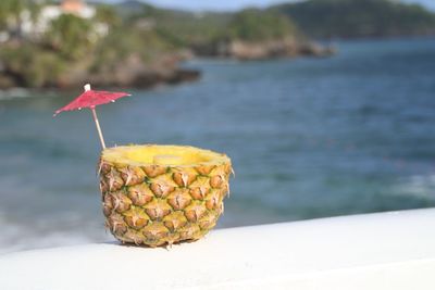 Close-up of fruit on beach