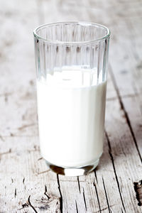 Close-up of milk in glass on table