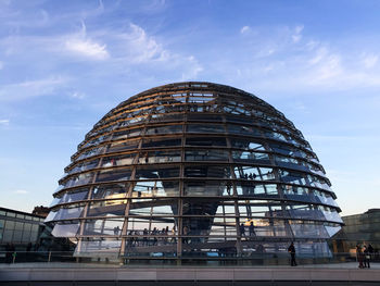 Futuristic building, urban geometry of glass dome of bundestag with 360 degree panorama of berlin