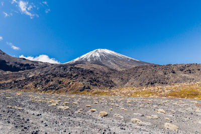 Scenic view of mountains against blue sky