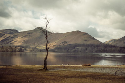 Scenic view of lake by mountains against sky