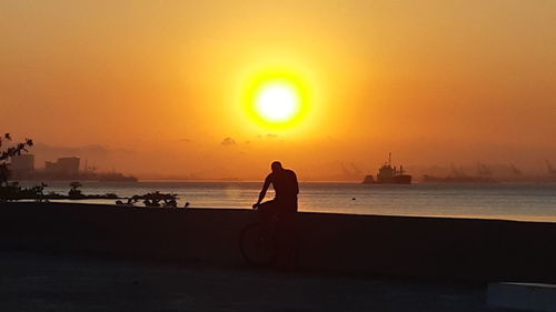 Silhouette man on  bay park against sky during sunset