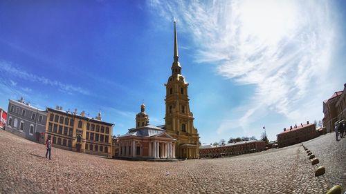 High angle view of church against blue sky