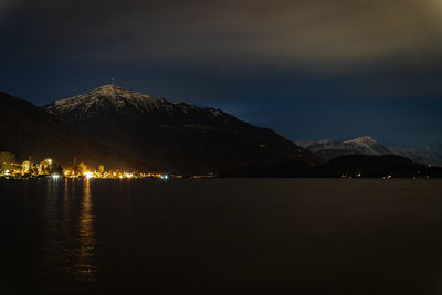 Scenic view of sea and mountains against sky