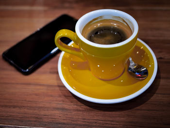 High angle view of tea cup on table