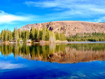 Scenic view of lake by trees against blue sky