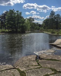 Scenic view of lake against cloudy sky