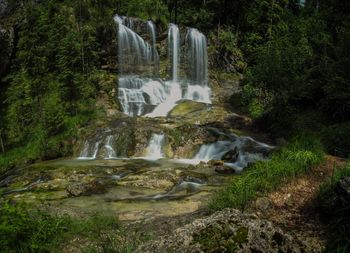 Water flowing through rocks in forest