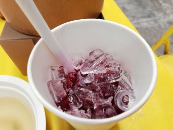 High angle view of ice cream in bowl on table