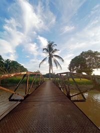 Empty footpath by palm trees against sky