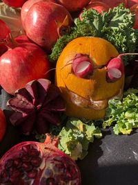 High angle view of fruits in plate on table