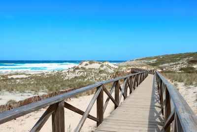 Scenic view of beach against clear blue sky