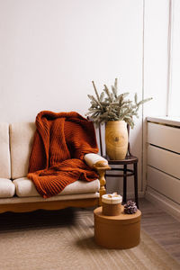 Cozy sofa with a blanket, a christmas tree in a vase and gifts in the living room