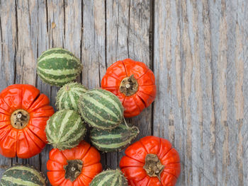 High angle view of pumpkins on wood