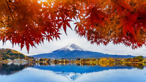 Scenic view of lake by trees against mountain during autumn