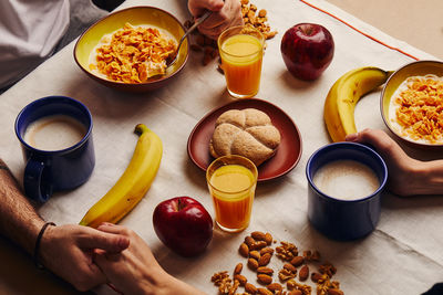 High angle view of breakfast on table