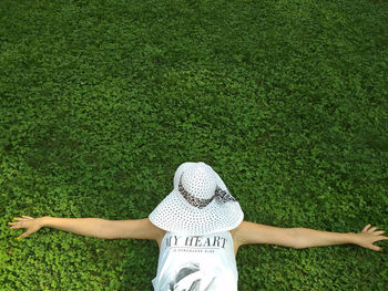 High angle view of woman on field