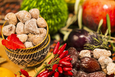 Close-up of fruits in basket on table